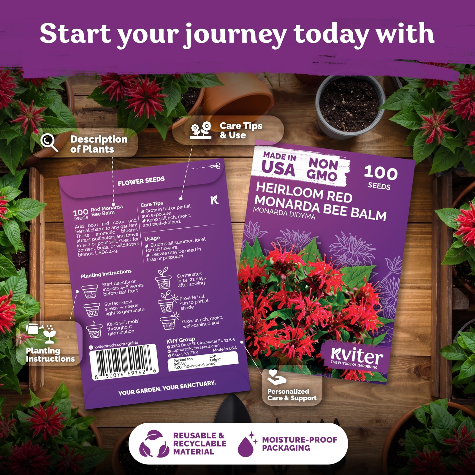 KVITER 100 Red Bee Balm Seeds Perennial (Monarda Didyma)