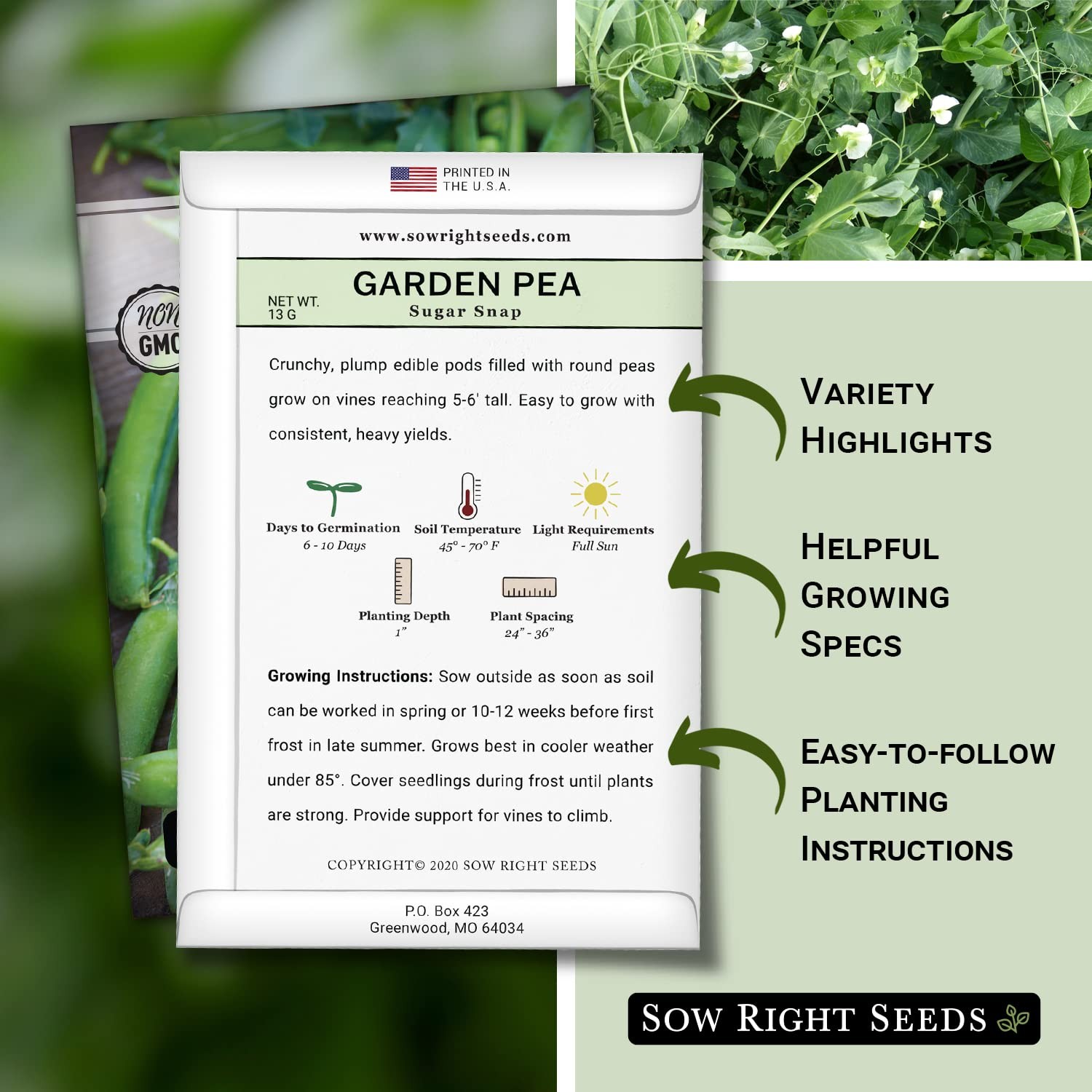 Sow Right Seeds – Sugar Snap Pea for Planting 1 Standard Packet, green