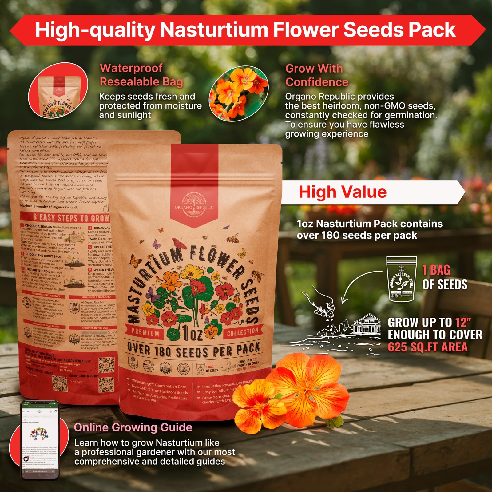 Nasturtium Seeds Pack 1 oz – Non-GMO Heirloom 1oz, Orange, Yellow, Red, Green