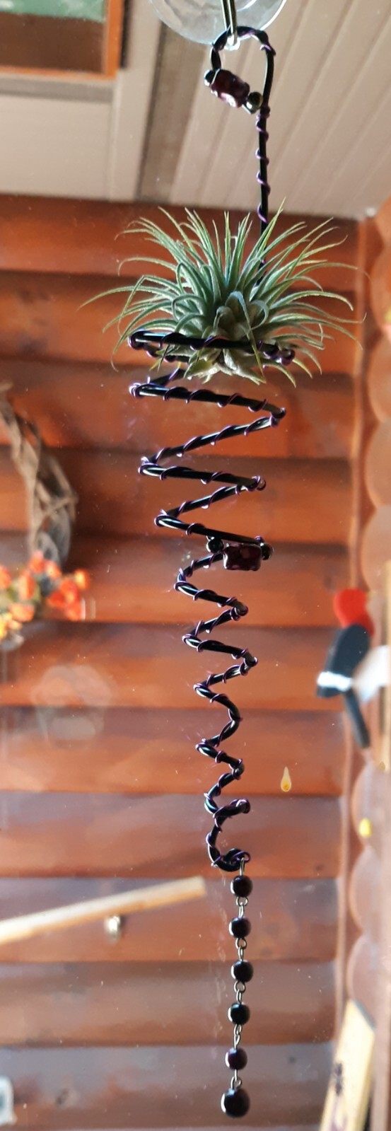 Handmade Hanging Air Plant Holder Black & Purple Wire & Beads Great Gift Idea