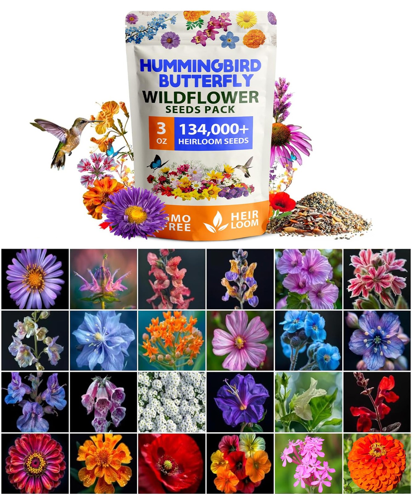 HOME GROWN Premium Wildflower Seeds Bulk – 134,000+ Non-GMO USA 1-Pack, Multi