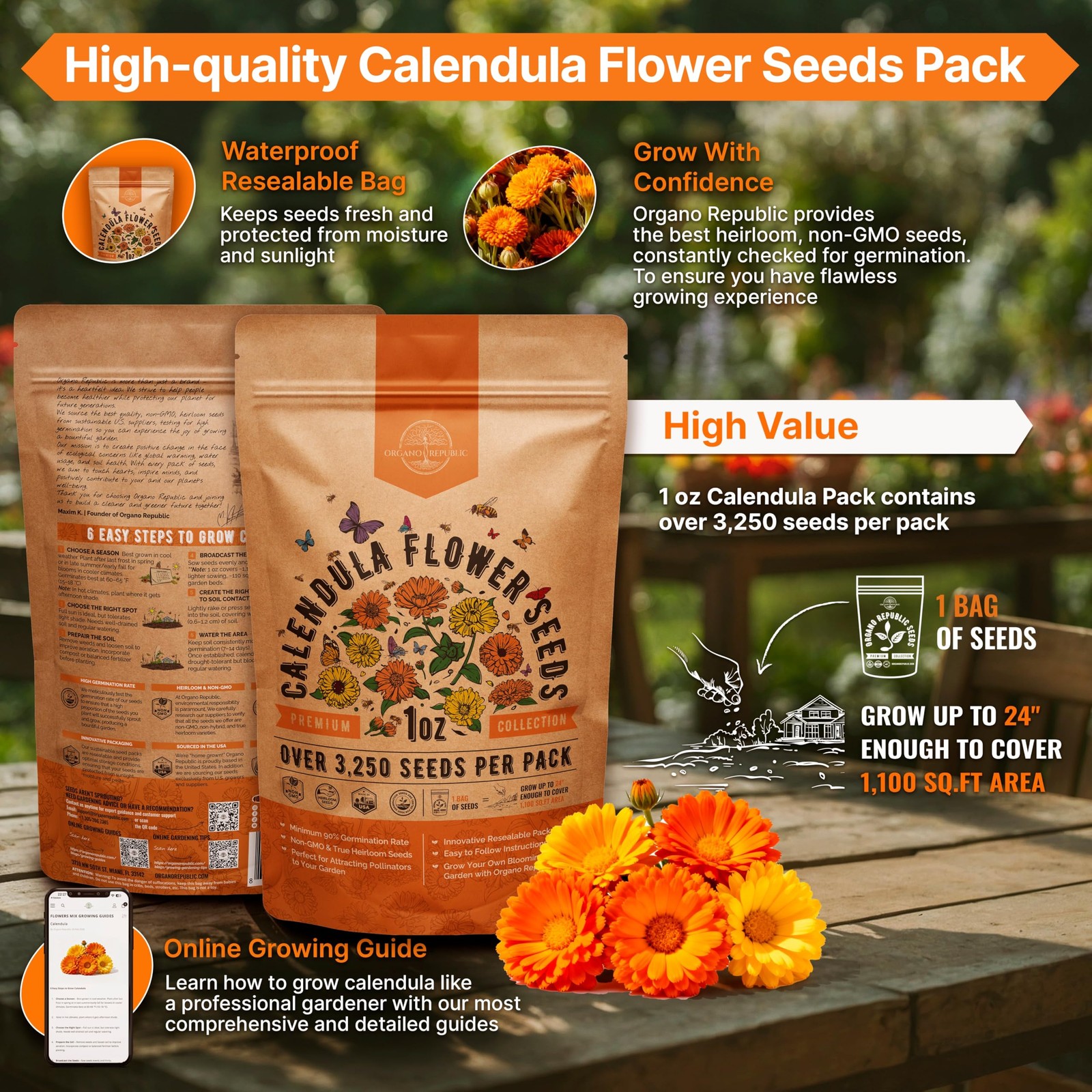 Calendula Seeds Pack 1 oz – Over 3,250 1oz, Orange, Yellow, Red, Green