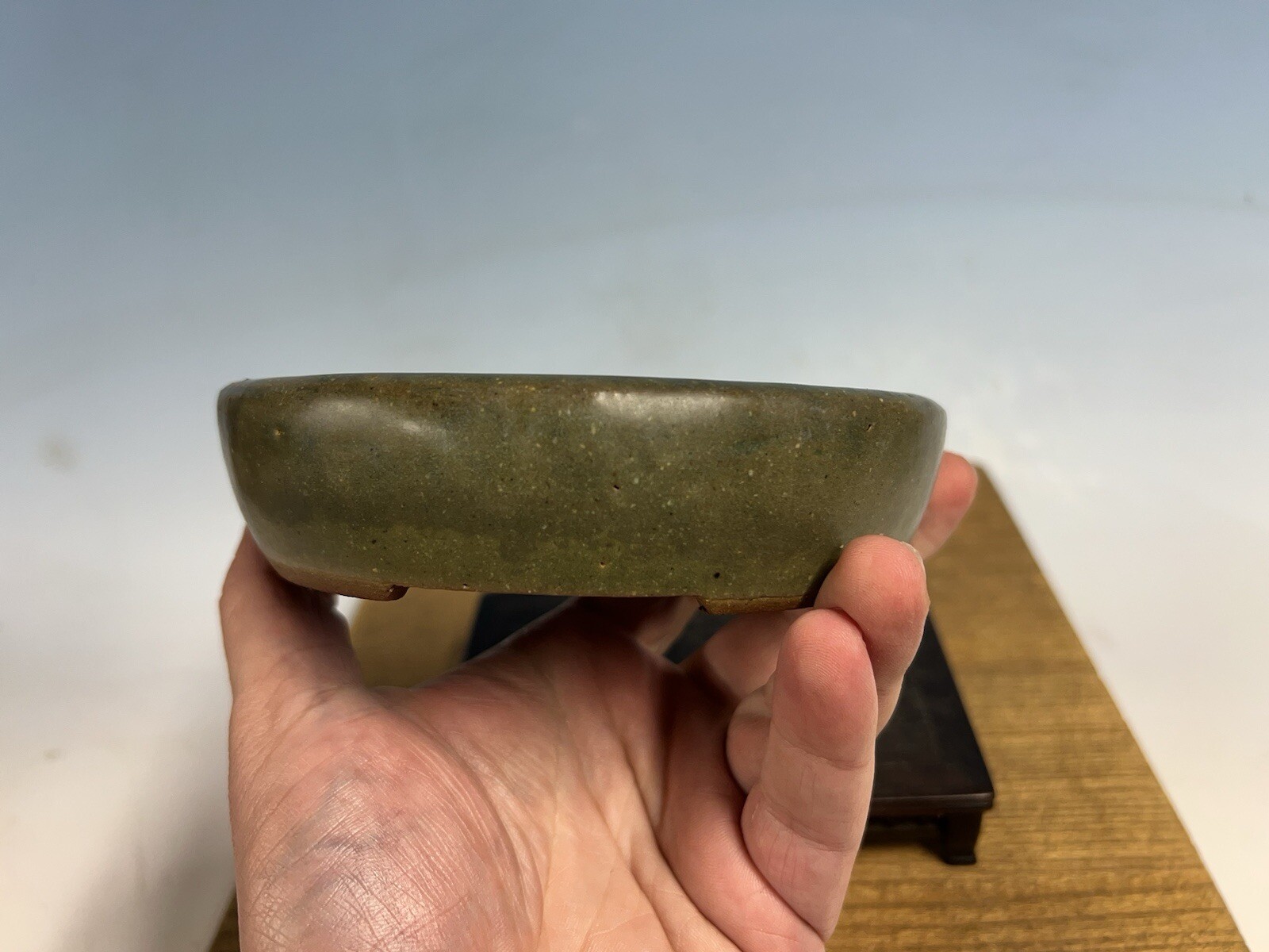 Green Blue Glazed Shohin Size Tokoname Bonsai Tree Pot Yozan 5 5/8” Great Patina