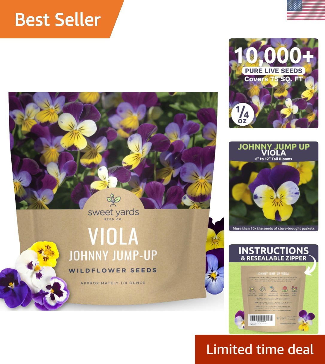 Large 1/4 Ounce Johnny Jump-Up Violas – 10,000 Fresh Flower Seeds for Planting