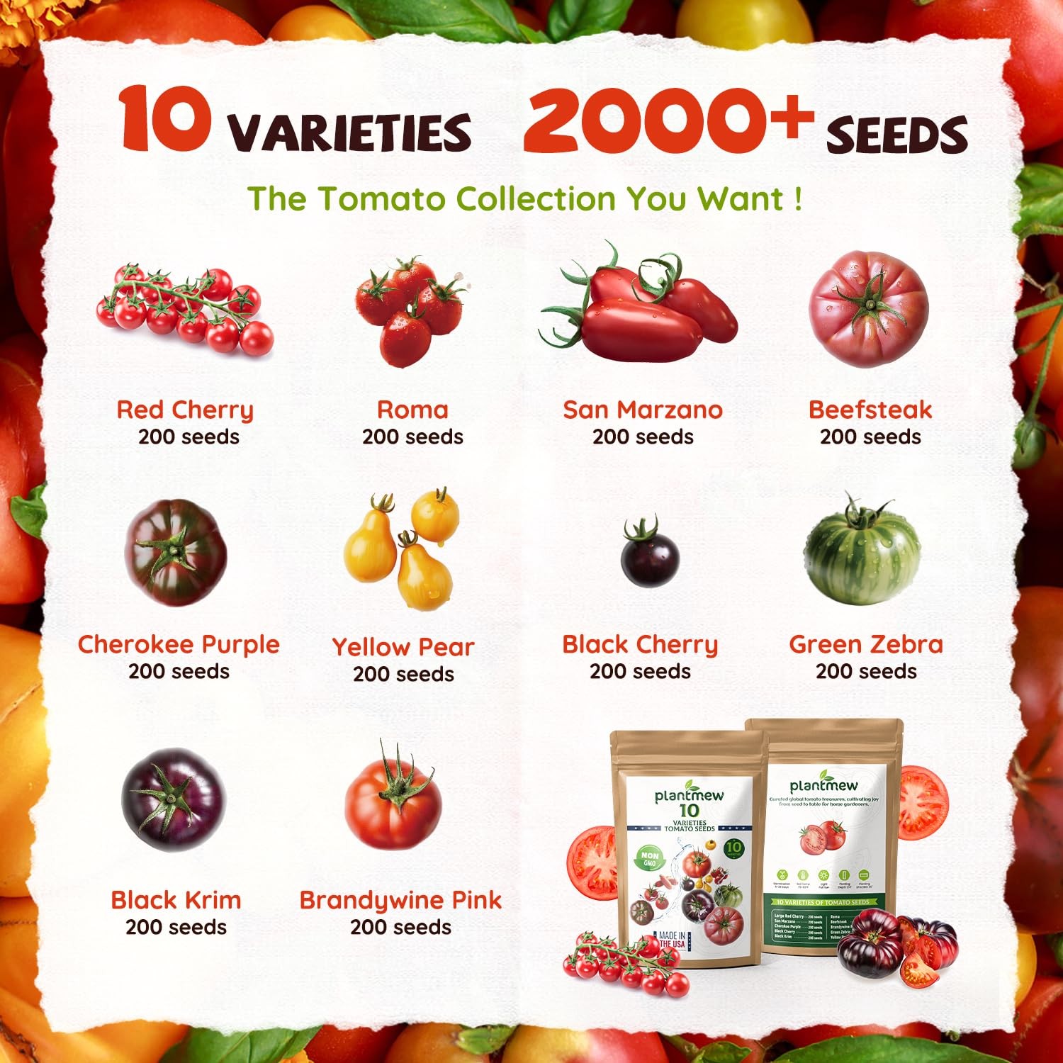 PLANTMEW 10 Heirloom Tomato Seed Varieties Packet – Non-GMO, Open White