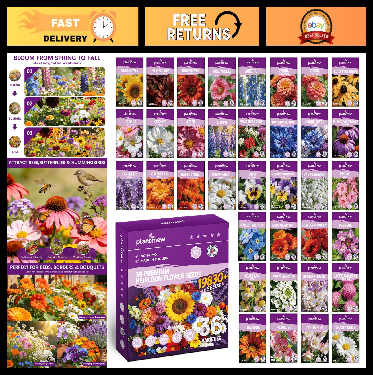 Wildflower Seed Mix 1/2 lb – 19830+ Non-GMO Perennial & Annual Flower Seeds for