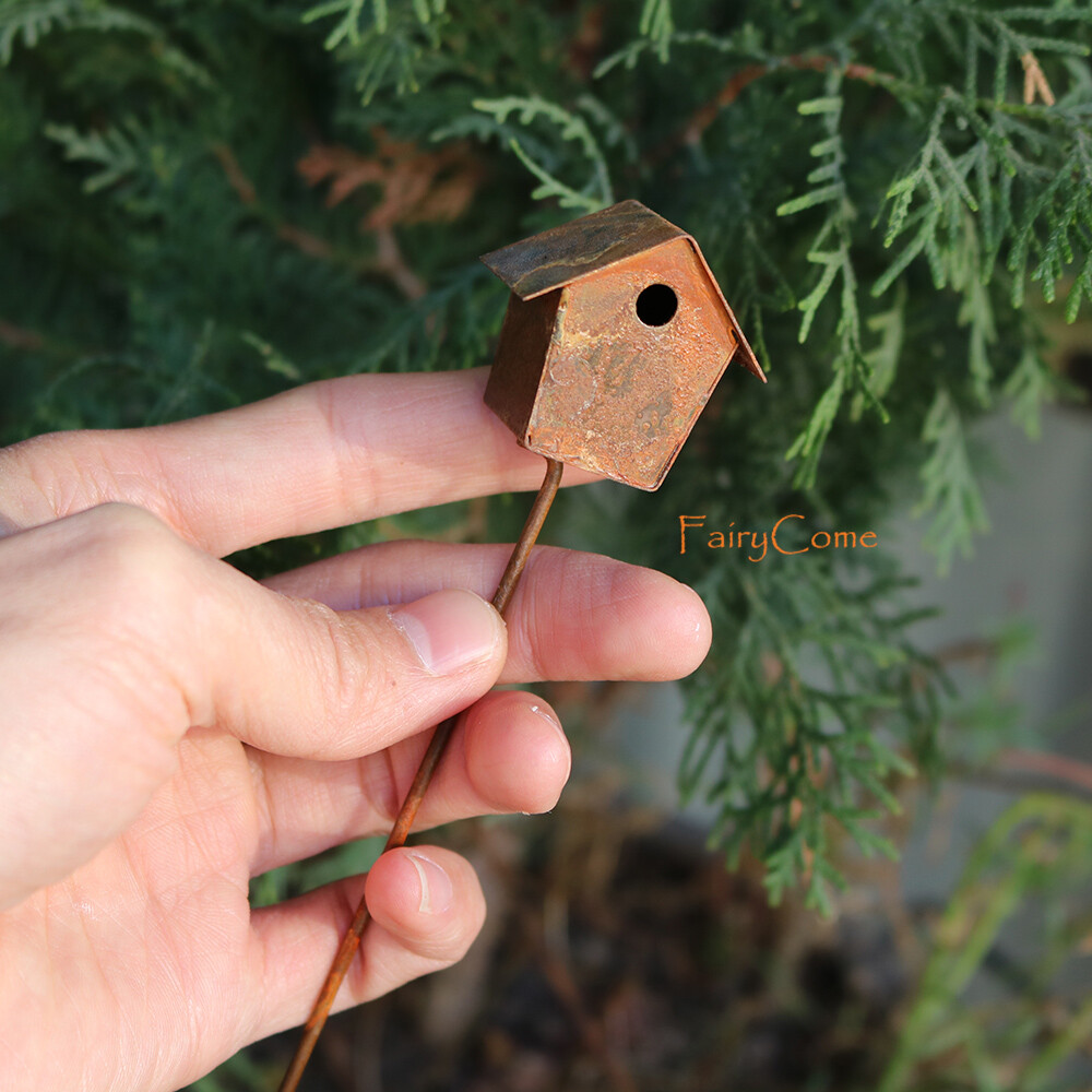 Vintage Rustic Birdhouse Pick Miniature Fairy Garden Decor Dollhouse Craft