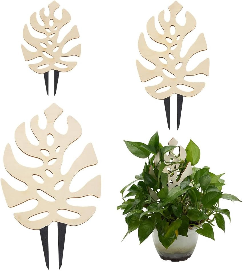 3 PCS Wooden Plant Trellises 3 Size Monstera Leaf Shape Floral White Houseplant