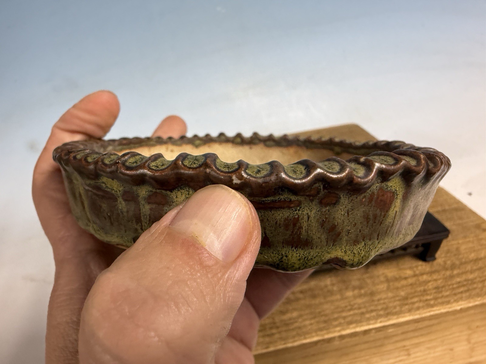 Japanese Unknown Maker Shohin Bonsai Tree Pot 5 1/4 By 1 1/8” Unique Glazed!