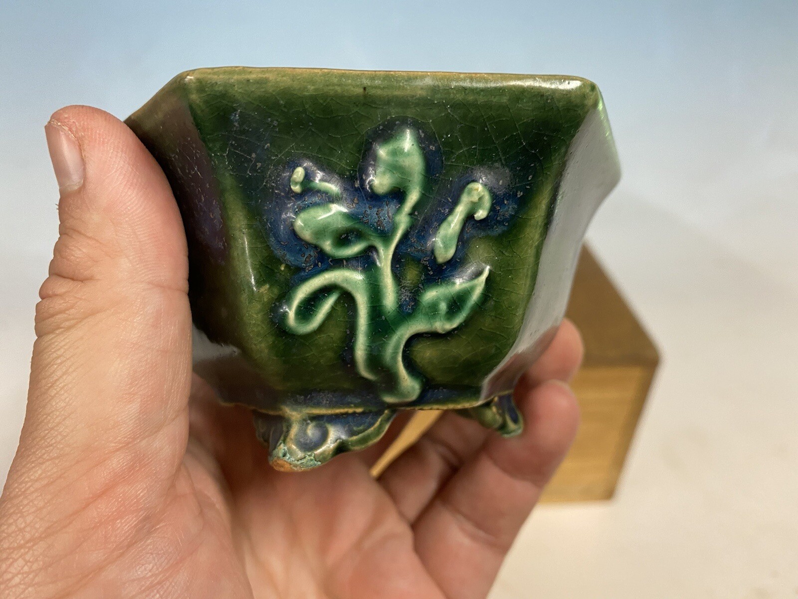 Beautiful Green And Blue Glazed Shohin Size Bonsai Tree Pot Heian Kosen 4 1/2”