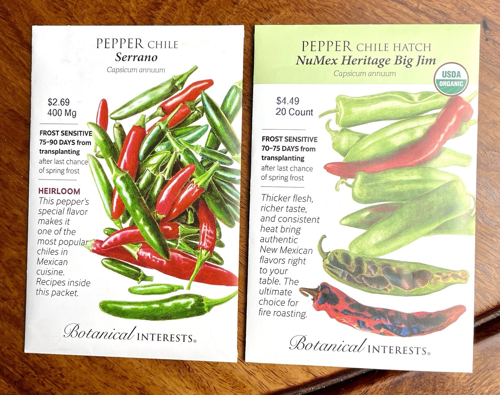 Botanical Interests Pepper Chile Seeds Lot 2 Serrano & NuMex Heritage Big Jim