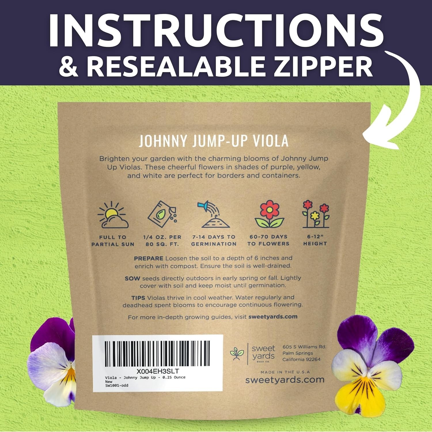 Viola – Johnny Jump-Up – Large 1/4 Ounce Packet – 10,000 Flower Seeds for Pla…
