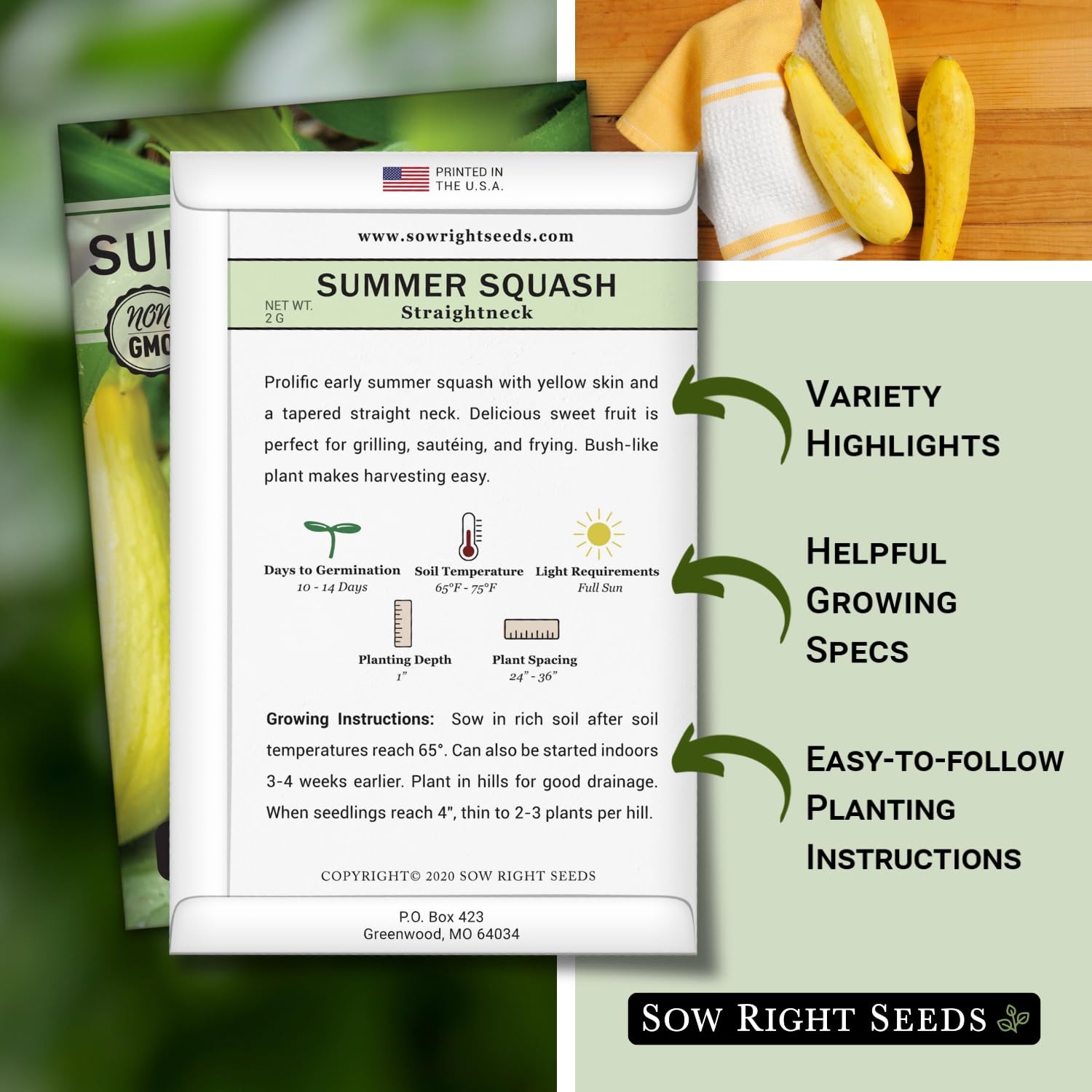NonGMO Heirloom Straight Neck Yellow Squash Seeds for Home Gardens