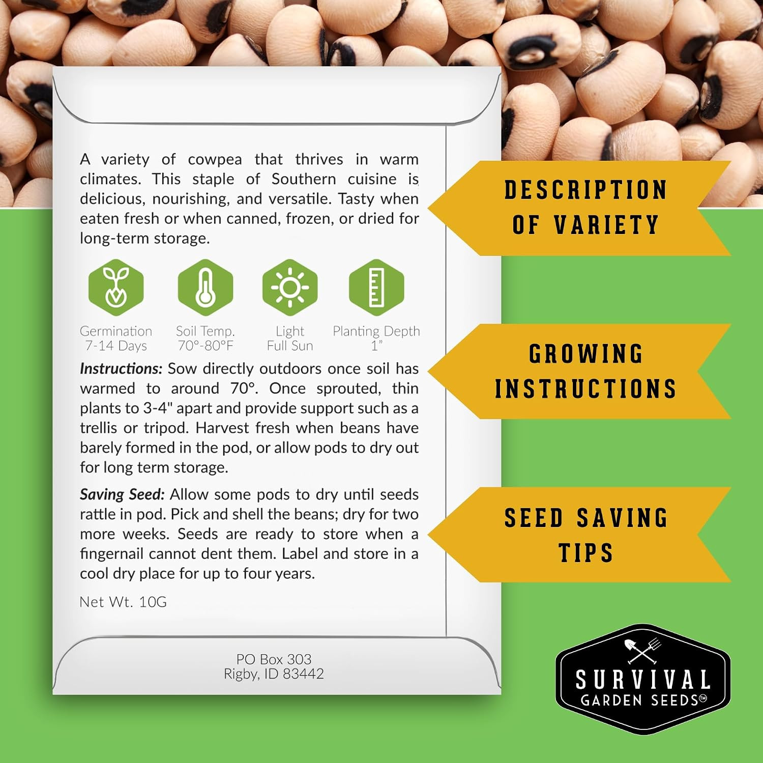 Black Eyed Pea Seeds for Planting – Heirloom Non-Gmo Cowpea Variety – Drought To