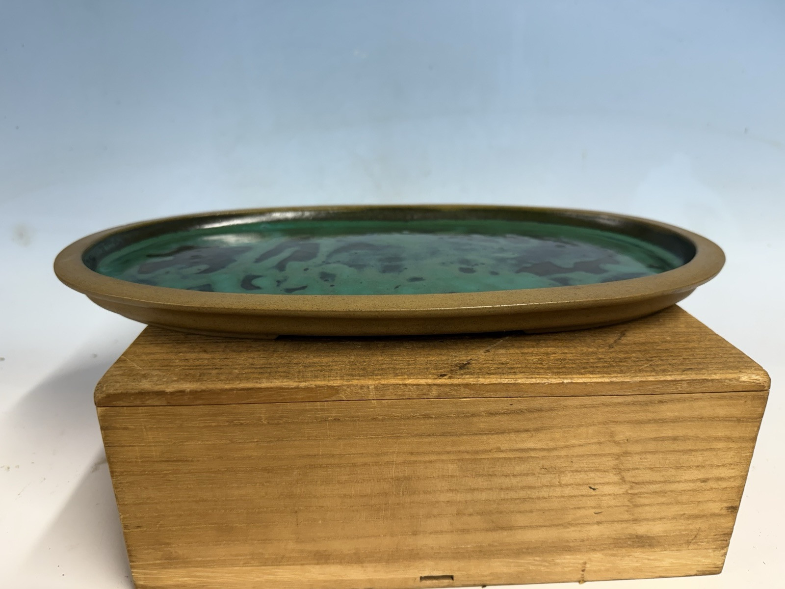 Green Blue Suiban For Suiseki Bonsai Tree Pot 14 1/4” By Maruhei Rare One!