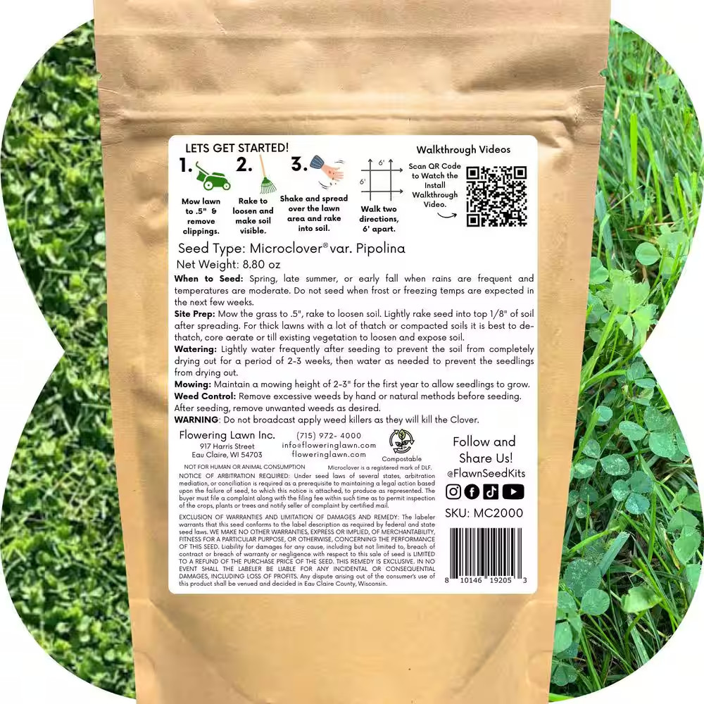 Micro Clover Alternative Grass Seed, Org Coated, Eco-Friendly, Low Growing, Low