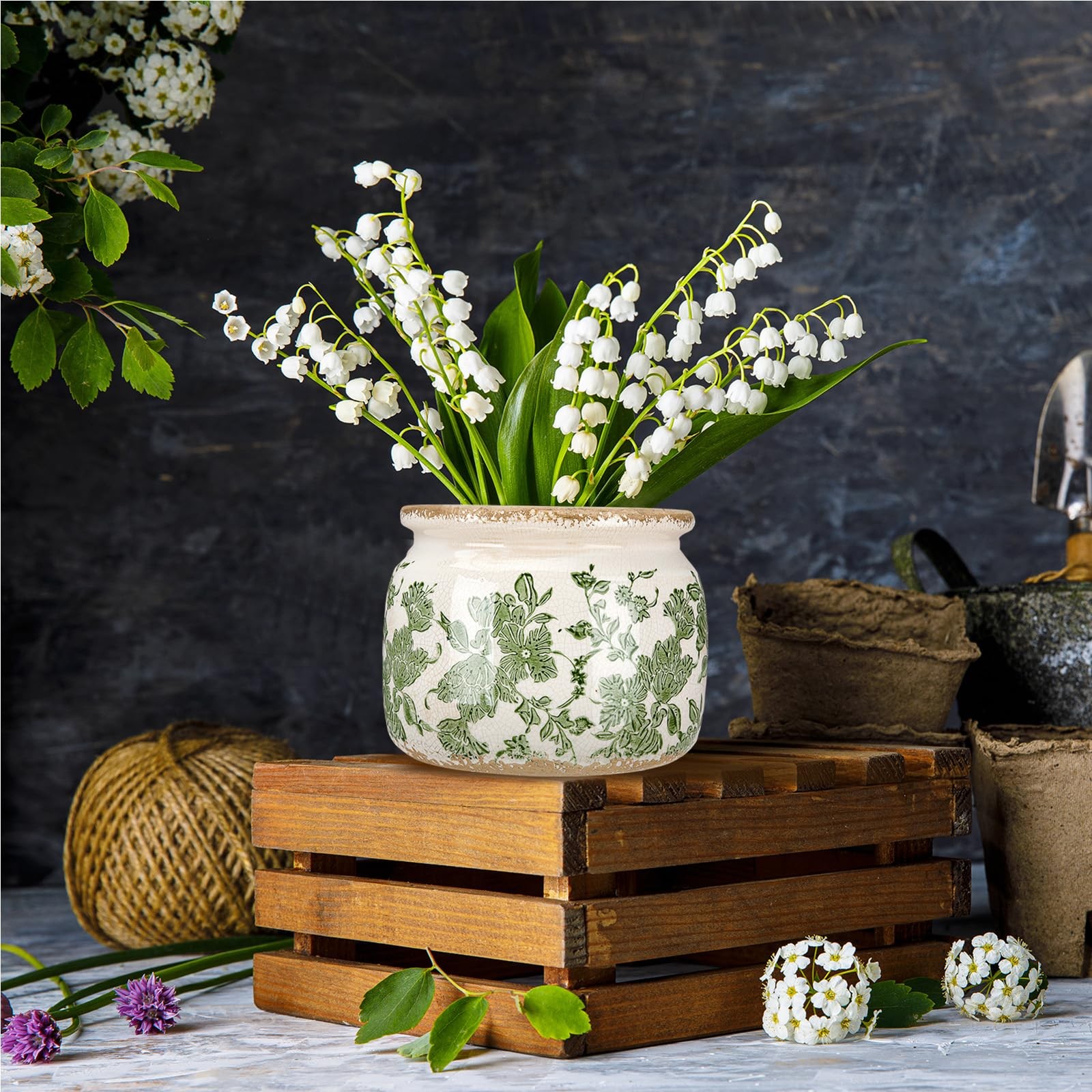 Ninehaoou 7.7″ Large Ceramic Plant Pot Beige Green Vintage Floral Crackle Glaze