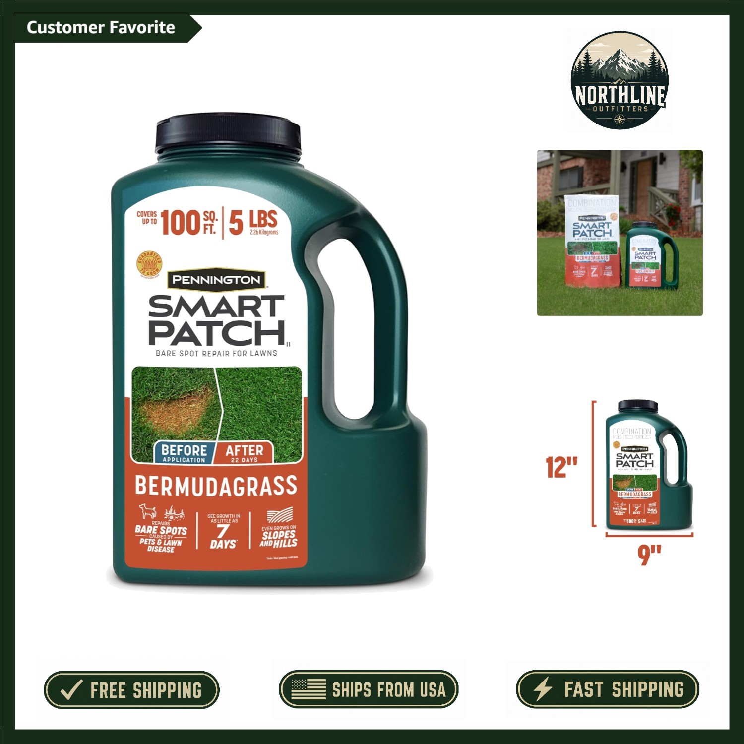 Bermuda Grass Seed, Fertilizer and Mulch – 5 lb Jug for Optimal Lawn Repair