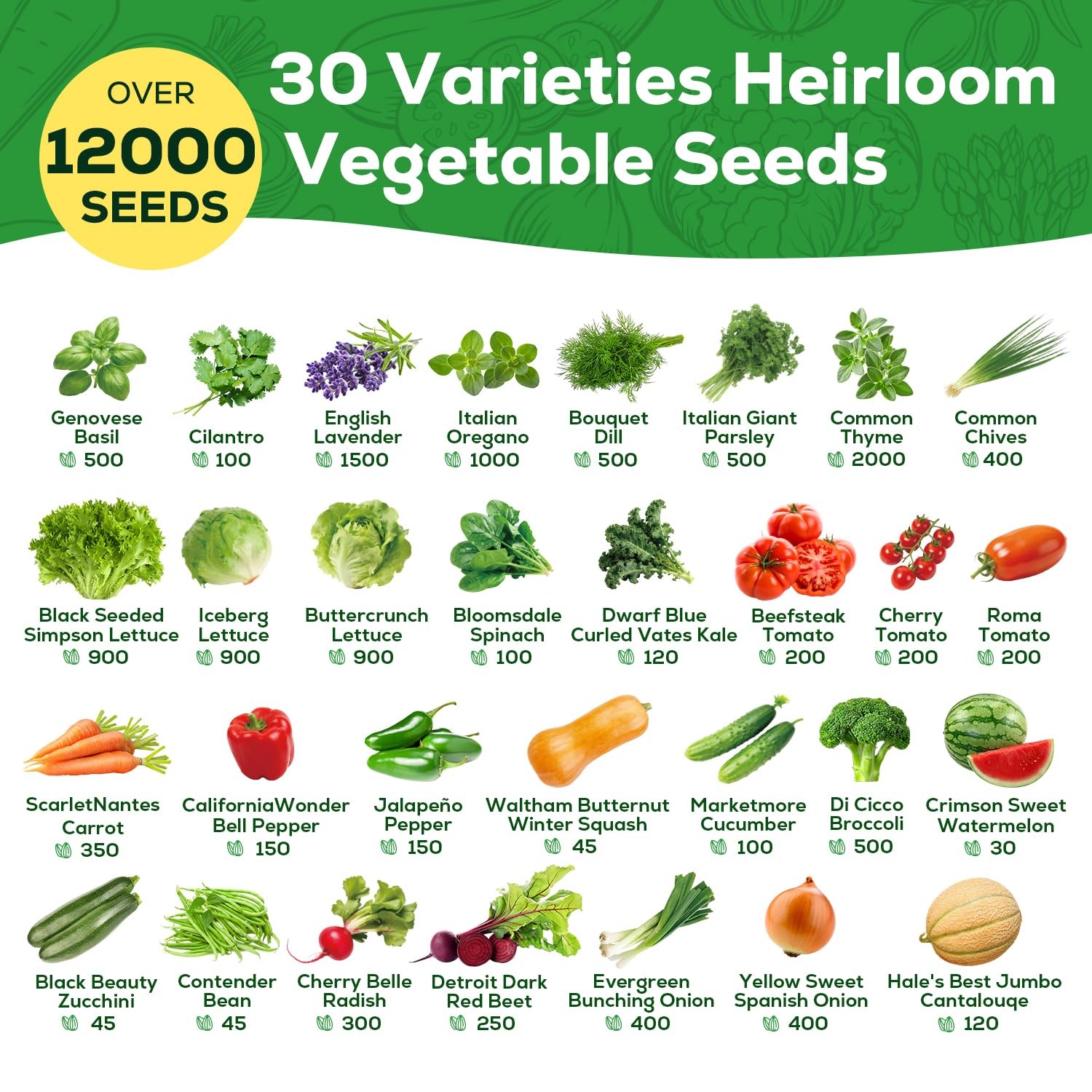 PLANTMEW 30 Heirloom Vegetable Seeds for Planting, 12,000+ Garden 30-Pack