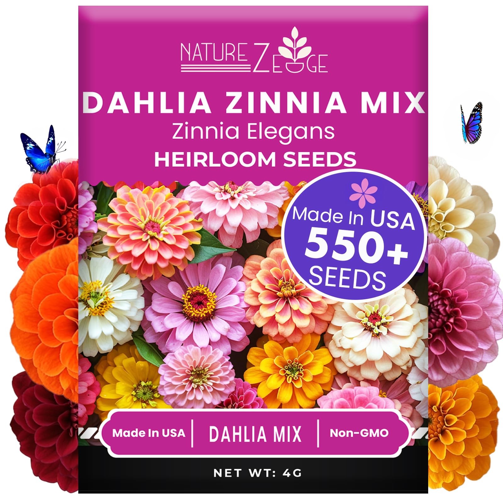 NatureZ Edge Zinnia Seeds for 2026 Planting 4g, Dahlia Mix Multi Color