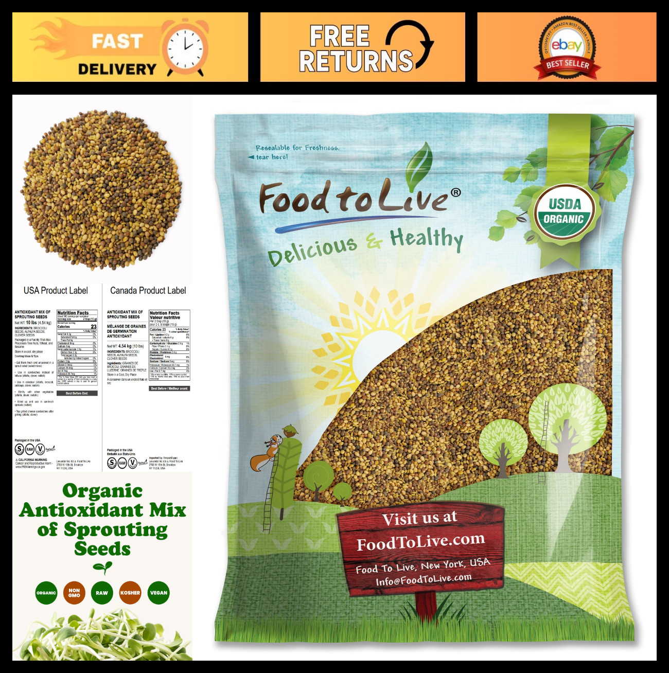 Organic Antioxidant Sprouting Seed Mix – 10 lbs Non-GMO Broccoli Alfalfa Clover