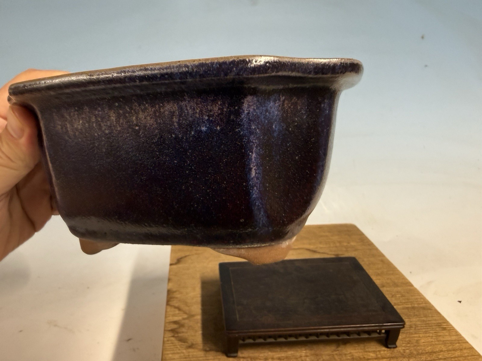 Japanese Unknown Maker Shohin Bonsai Tree Pot 6 7/8” Purple Glaze