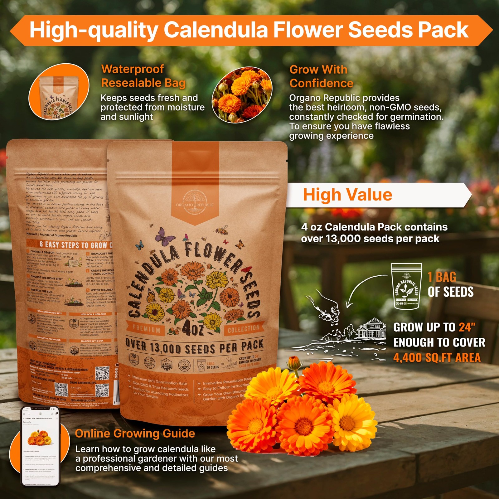 Calendula Seeds Pack 4 oz – Over 13,000 4oz, Orange, Yellow, Red, Green