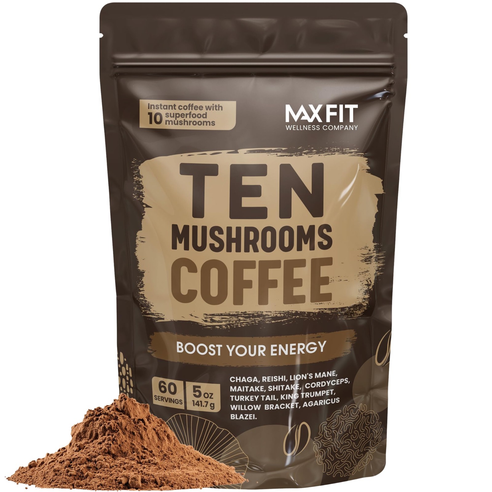 Mushroom Coffee (60 Servings) 10 Mushrooms (Lion’s Mane, 5 Ounce (Pack of 1)