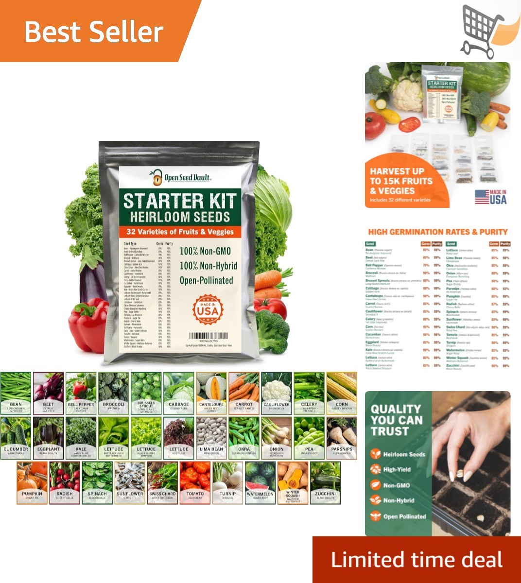 15,000 Heirloom Vegetable Seeds Pack 32 Varieties Non-GMO for Gardening