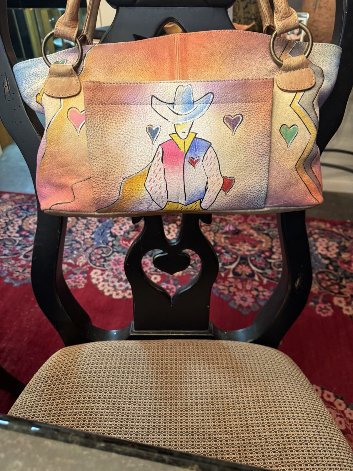 Leather purse with hand painted cow boy and hearts, beige, blue, one of a kind