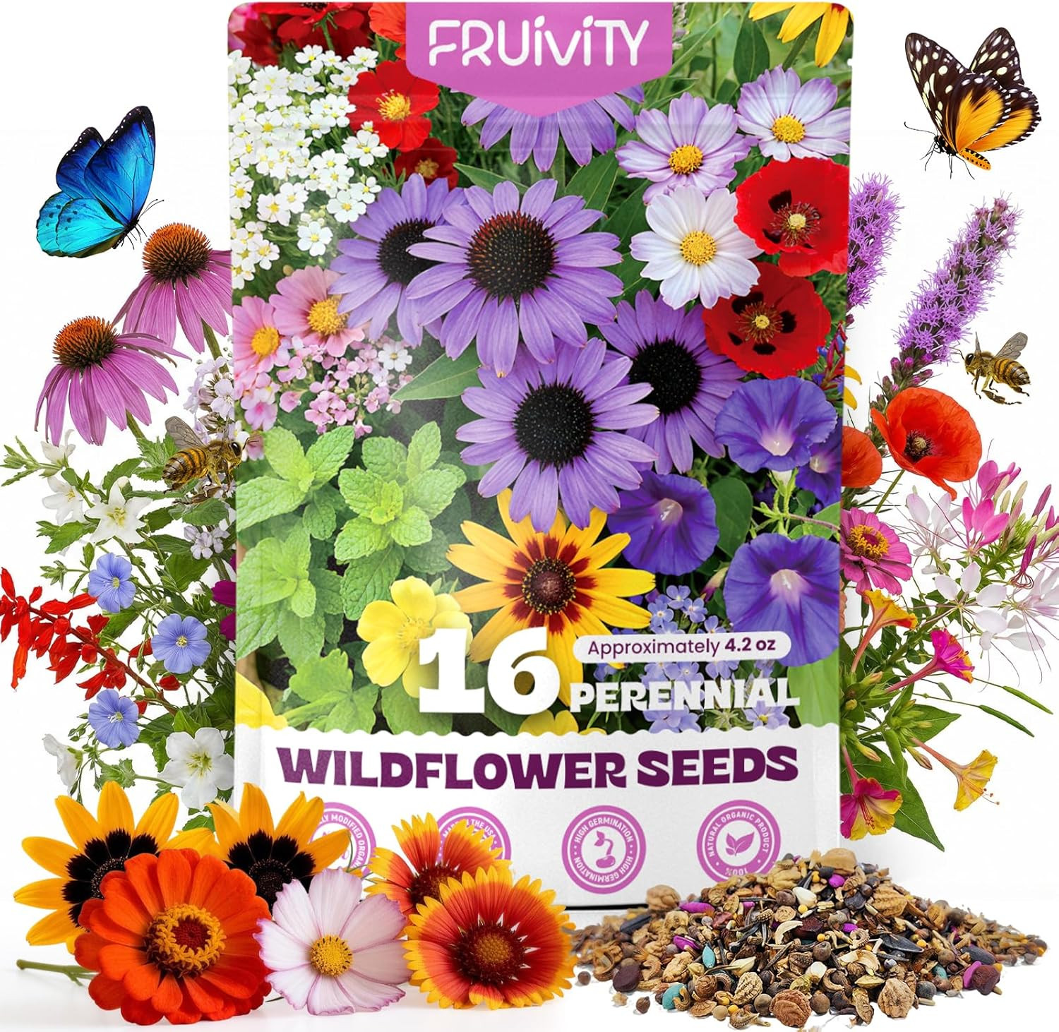 200,000+ Wildflower Seeds Bulk (4oz) – 16 Varieties Perennial & Annual Mix, Attr