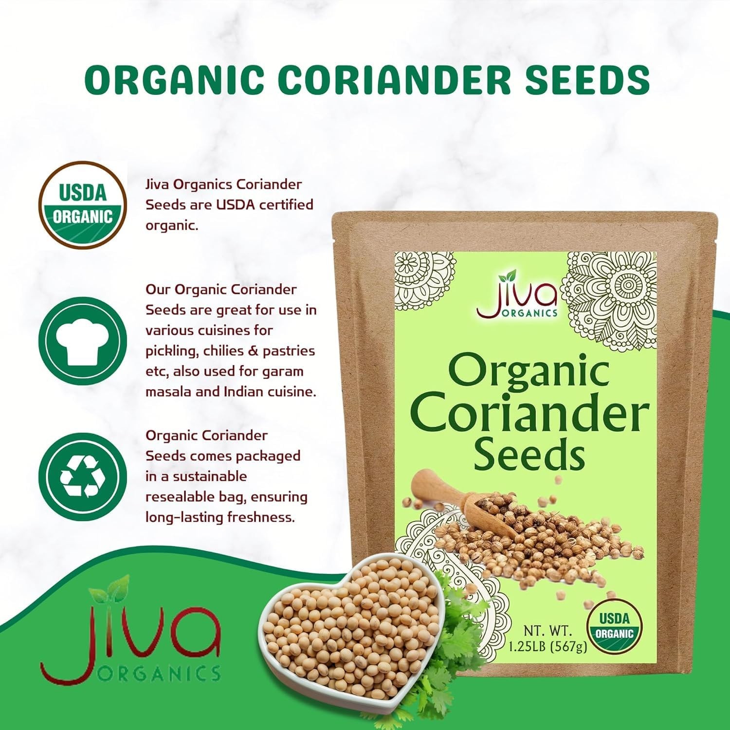 Organic Coriander Seeds Whole 1.25 lb Bulk – Non-GMO, Fresh Spices for Cooking
