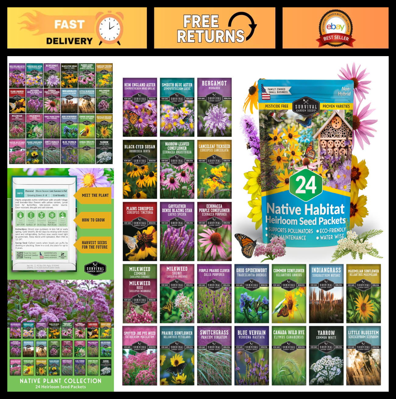 24 Variety Pack Native Plant Seeds – Perennial & Annual Wildflowers for Pollinat