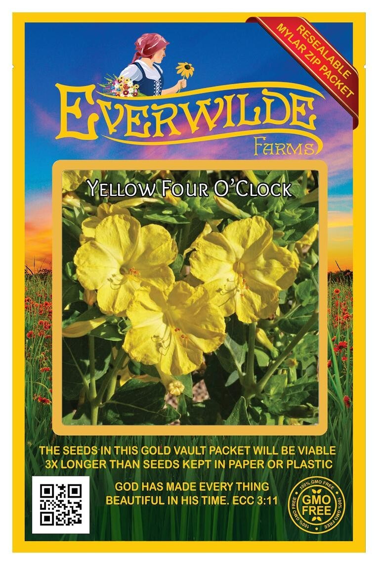 50 Yellow Four O’Clock Wildflower Seeds – Everwilde Farms Mylar Seed Packet
