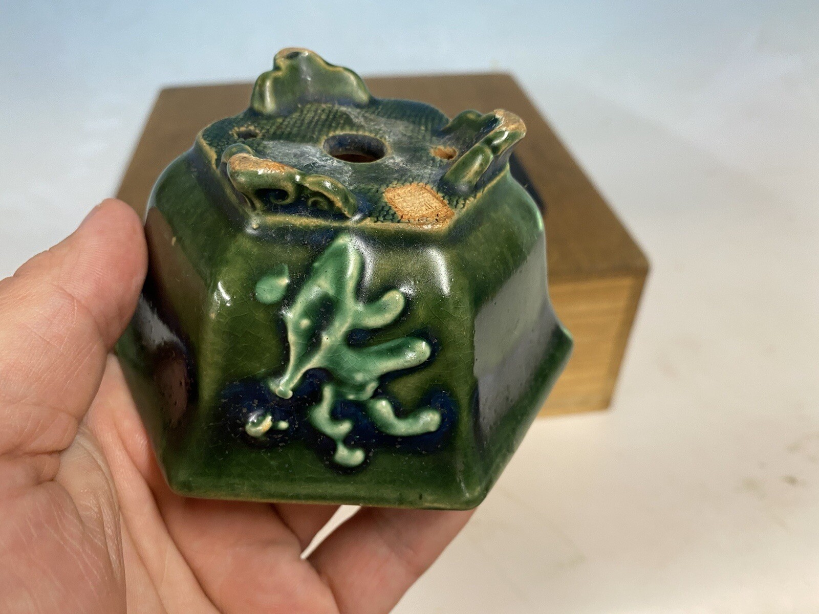Beautiful Green And Blue Glazed Shohin Size Bonsai Tree Pot Heian Kosen 4 1/2”