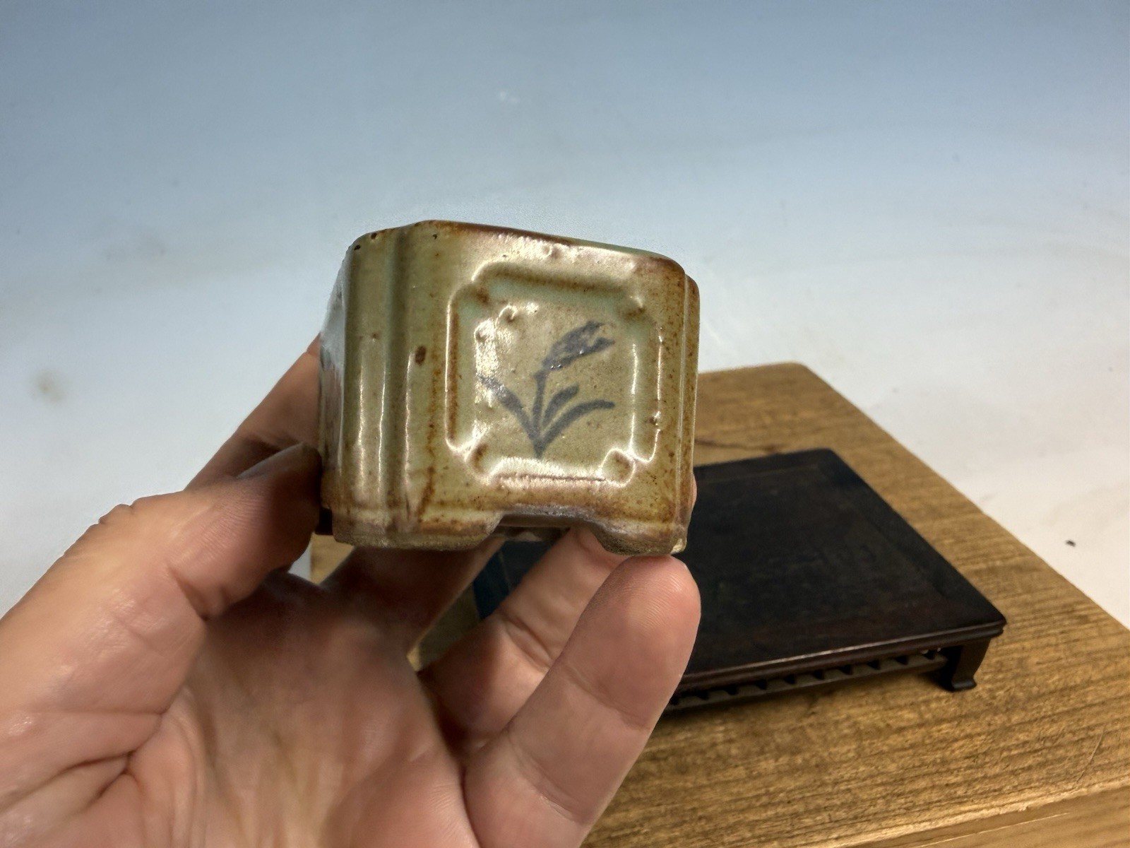 Japanese Unknown Maker Shohin Bonsai Tree Pot 3” Glazed With Motif #1