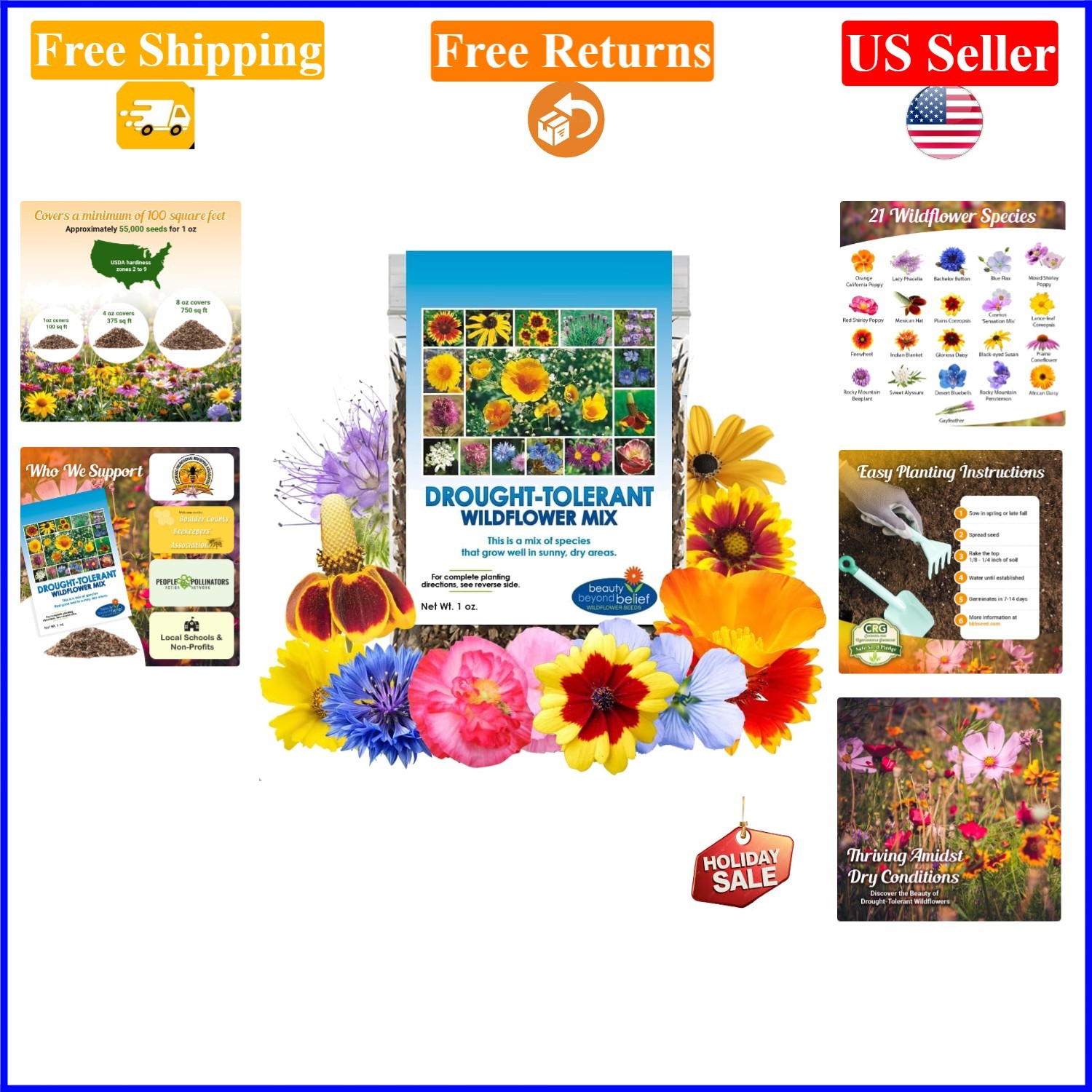 1oz Drought-Resistant Wildflower Seeds , Attract Pollinators, Open-Pollinated