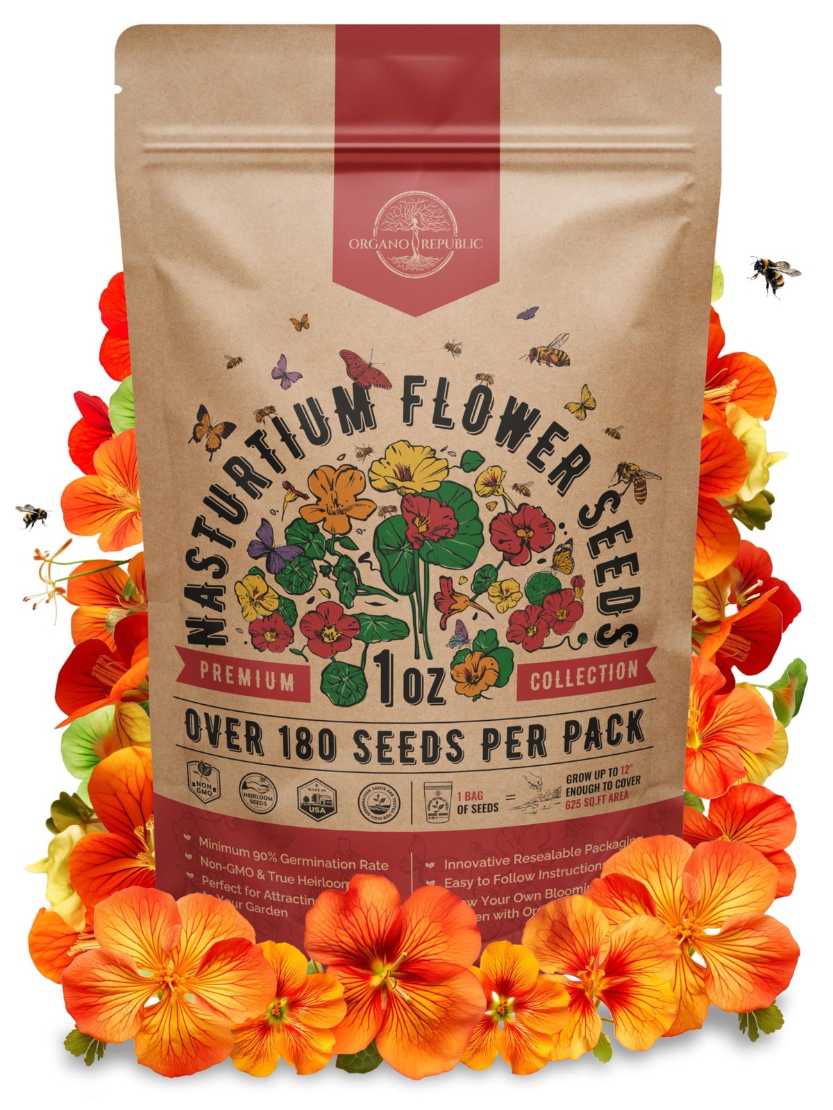 Nasturtium Seeds Pack 1 oz – Non-GMO Heirloom 1oz, Orange, Yellow, Red, Green
