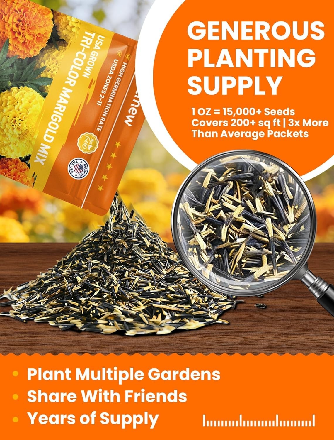 Tri-Color Marigold Seeds for Planting | 15,000+ Heirloom French Marigold Flower
