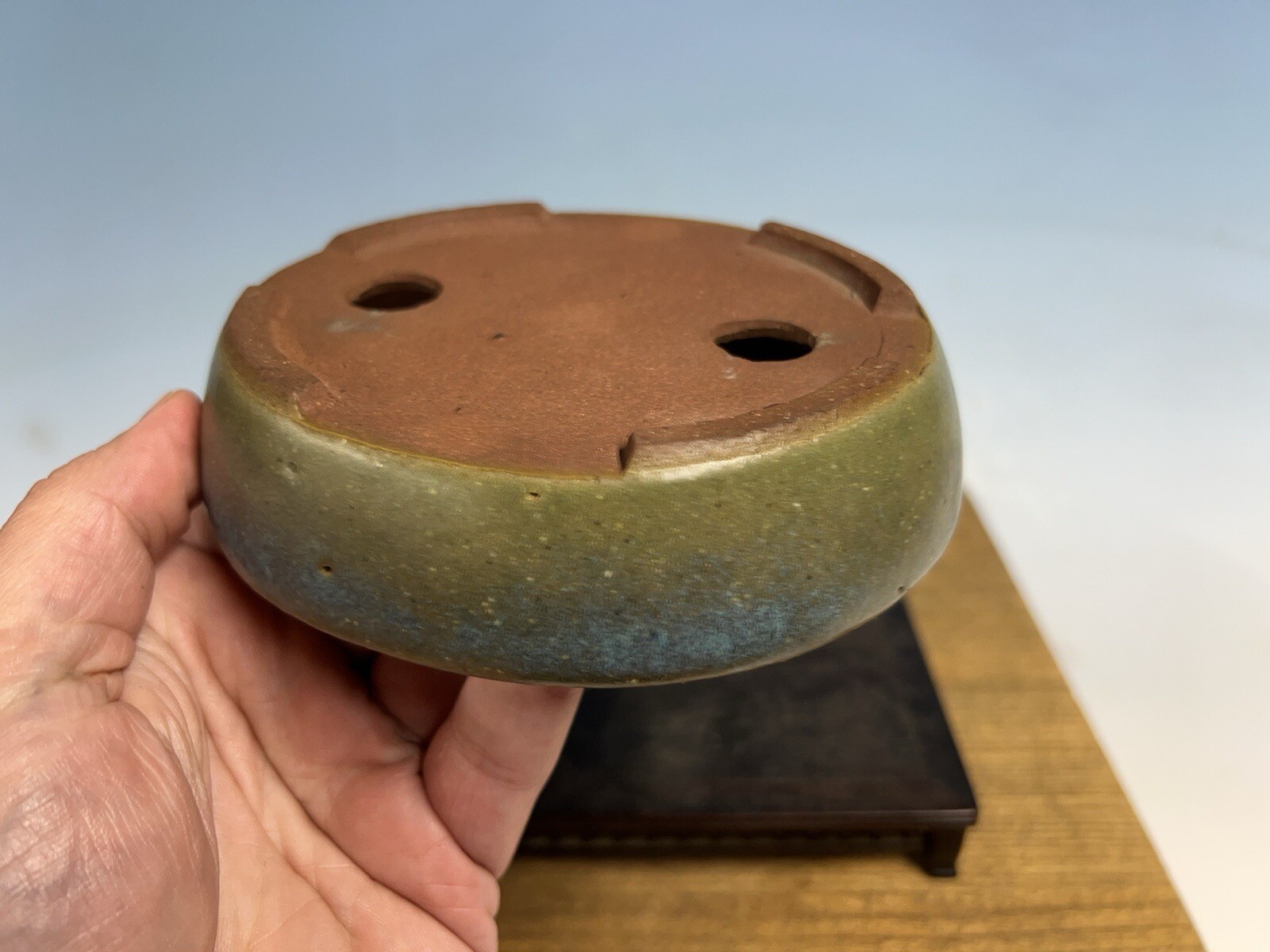 Green Blue Glazed Shohin Size Tokoname Bonsai Tree Pot Yozan 5 5/8” Great Patina