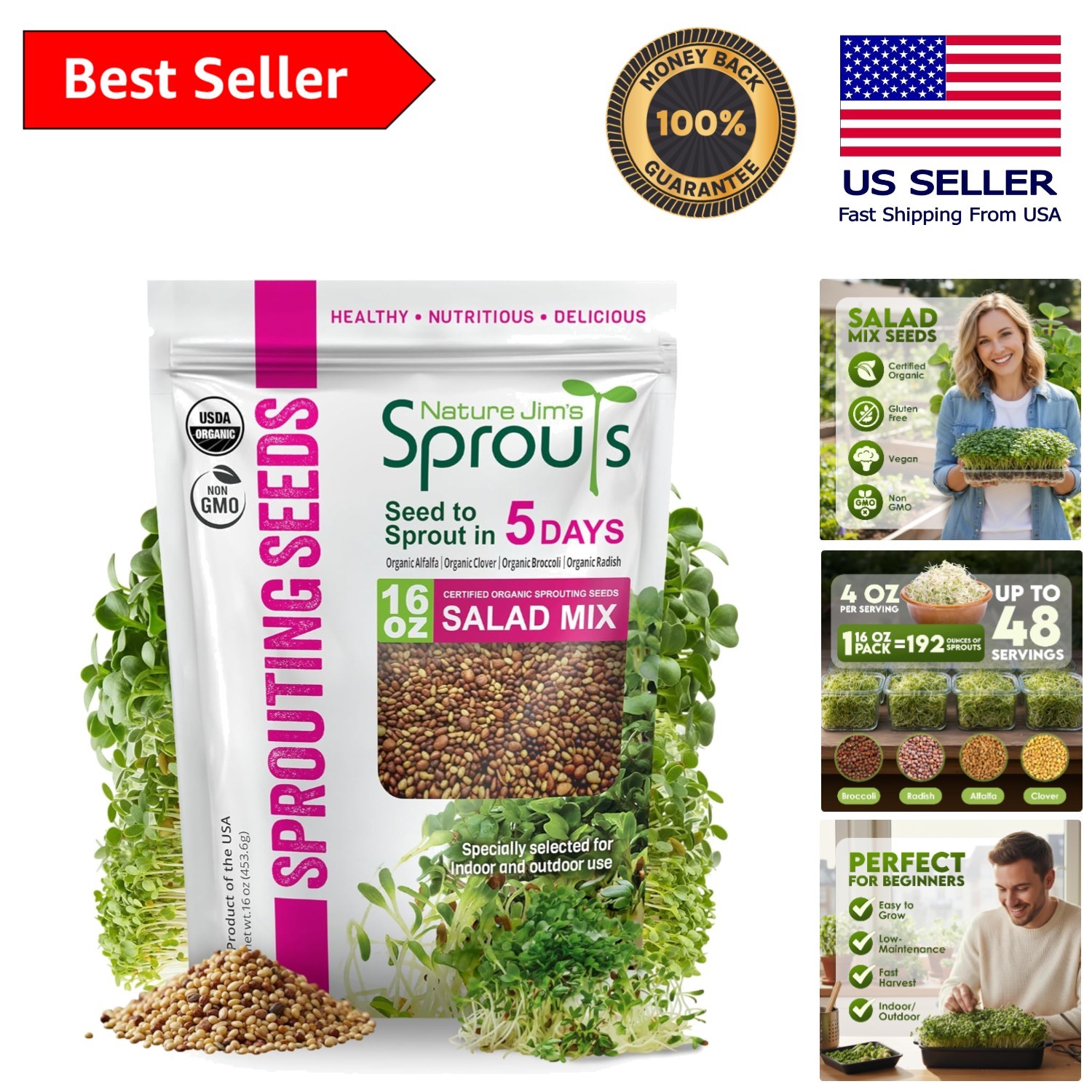 Fast-Growing Non-GMO Microgreens: Broccoli, Alfalfa, Radish & Clover Seeds 1lb
