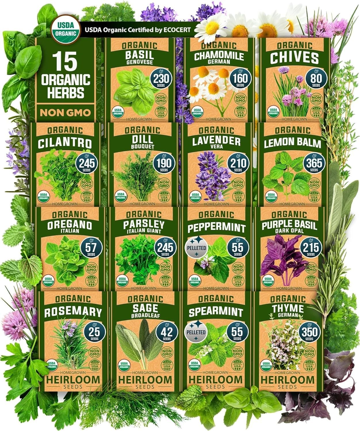 HOME GROWN Organic Herb Seeds Variety Pack – Non GMO, Heirloom 15-Pack, Multi