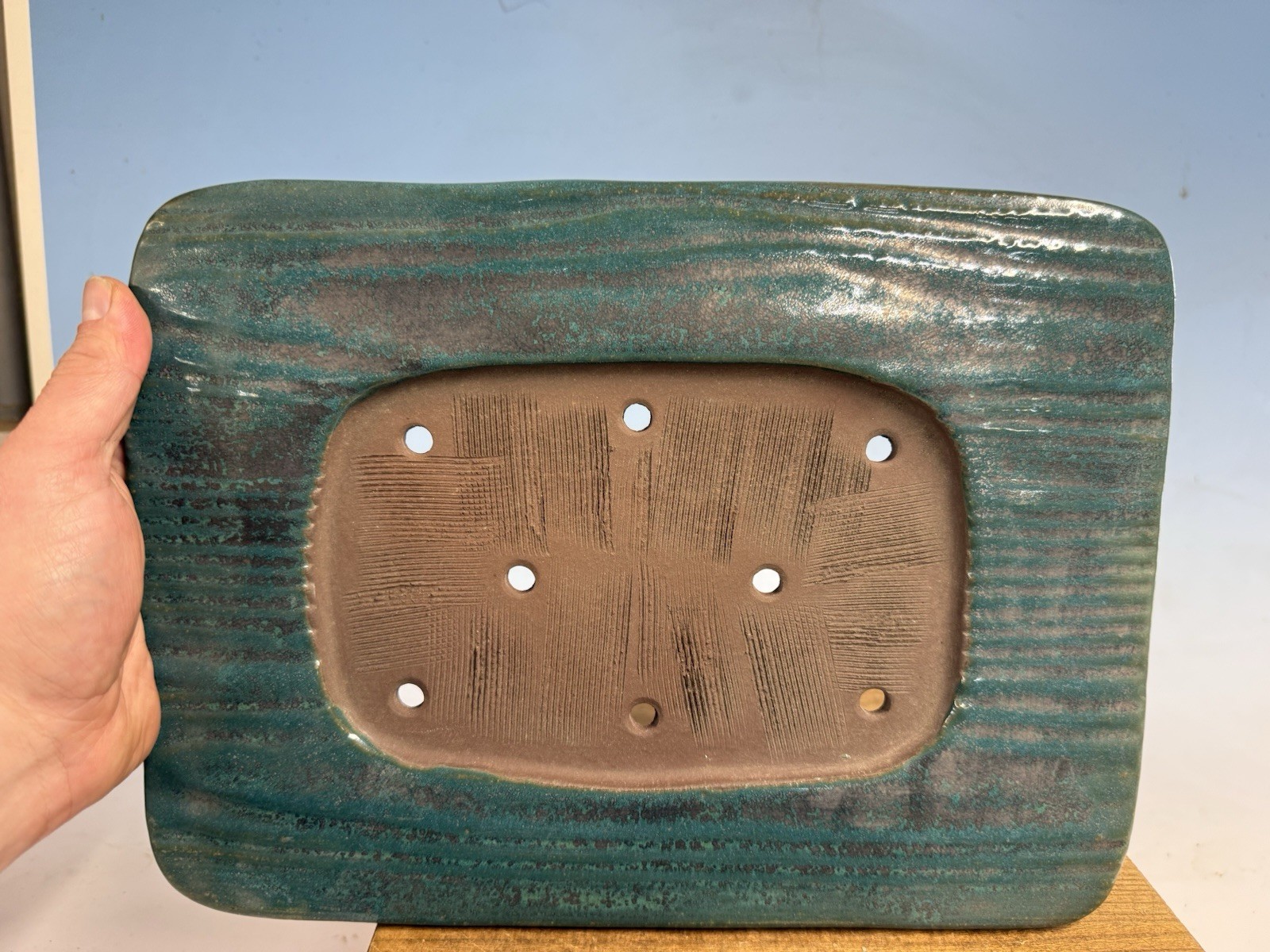 Stunning Blue Green Glazed Tokoname Bonsai Tree Pot Yamaaki Kiln 12 5/8” Slab