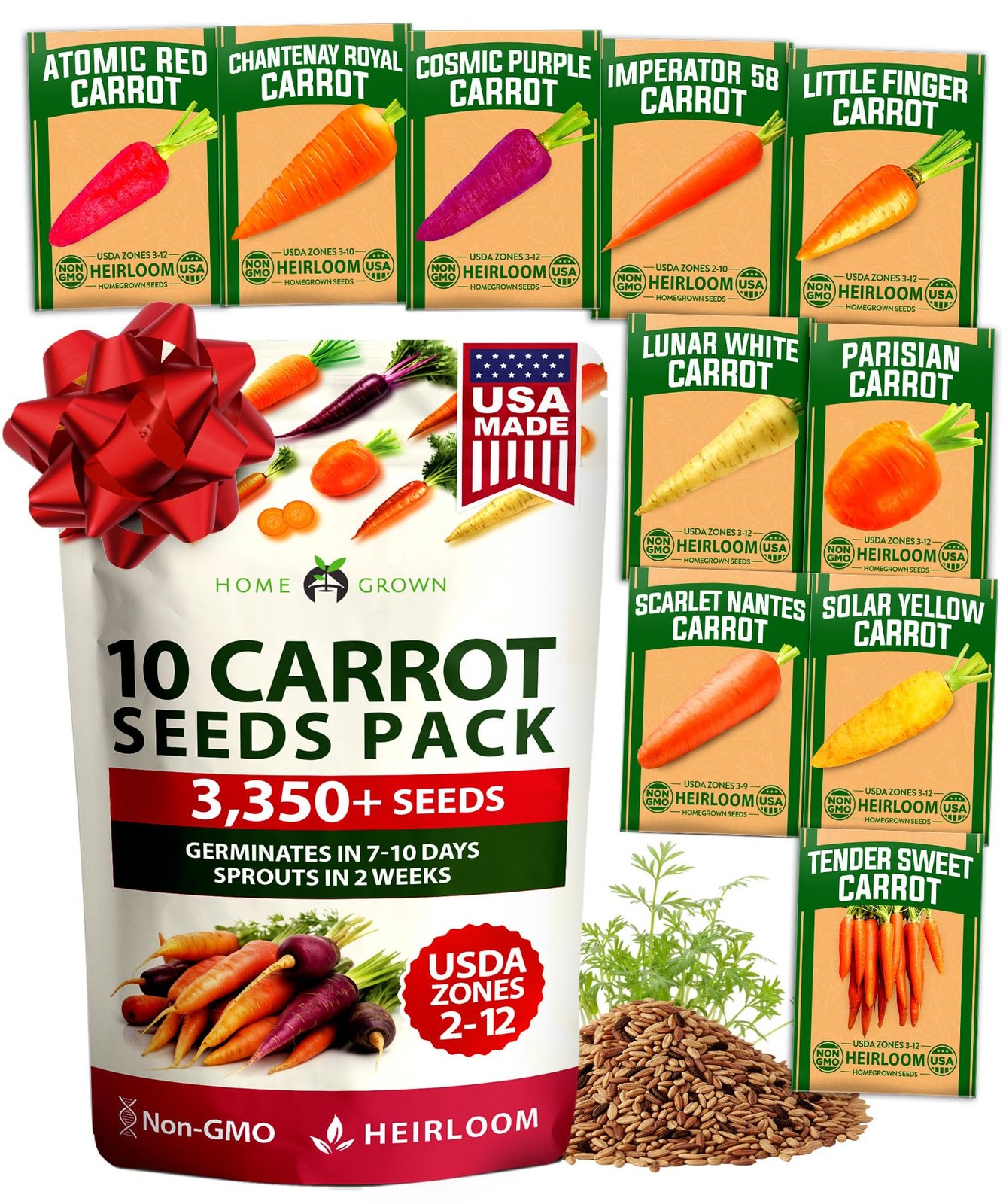 HOME GROWN Rainbow Carrot Seeds 10 Variety Mix 3350+ Heirloom 1-Pack, Green