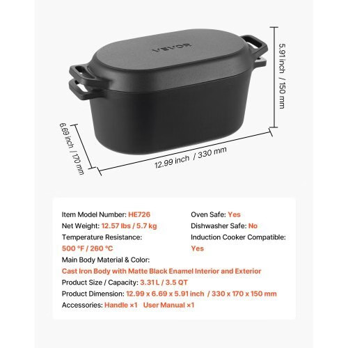 Enameled Cast Iron Dutch Oven, 3.5 Quart Pot with Lid and Dual Handles, Heavy-Du