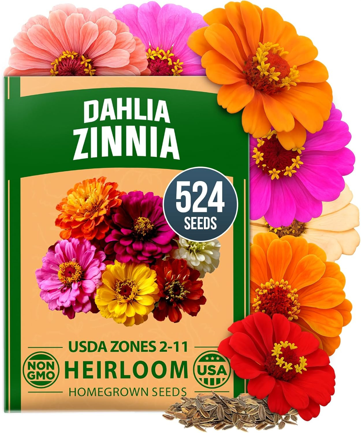 HOME GROWN Zinnia Dahlia Seeds Pack for 2026 Non GMO 524 Flower Seeds | Vibrant