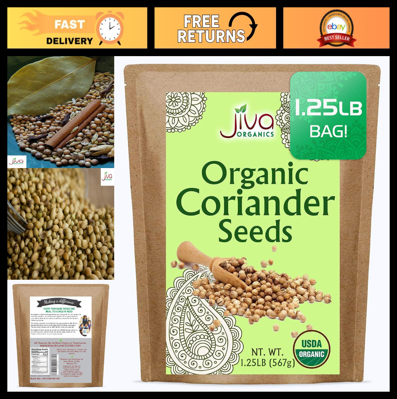 Organic Coriander Seeds Whole 1.25 lb Bulk – Non-GMO, Fresh Spices for Cooking