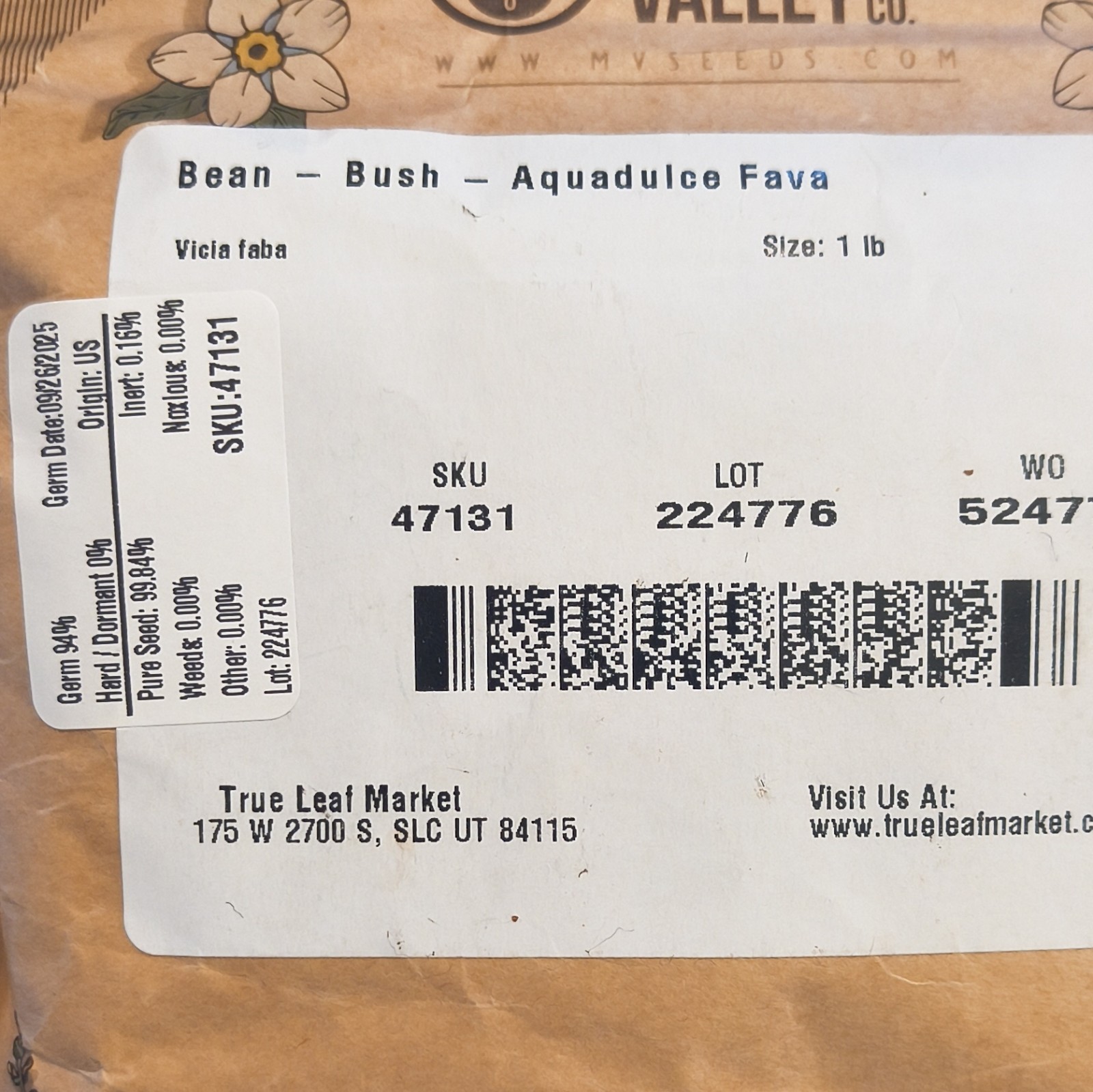 Mountain Valley Seed Co. Non-GMO Bean Bush Aquadulce Fava Vegetable Seeds 1 lb