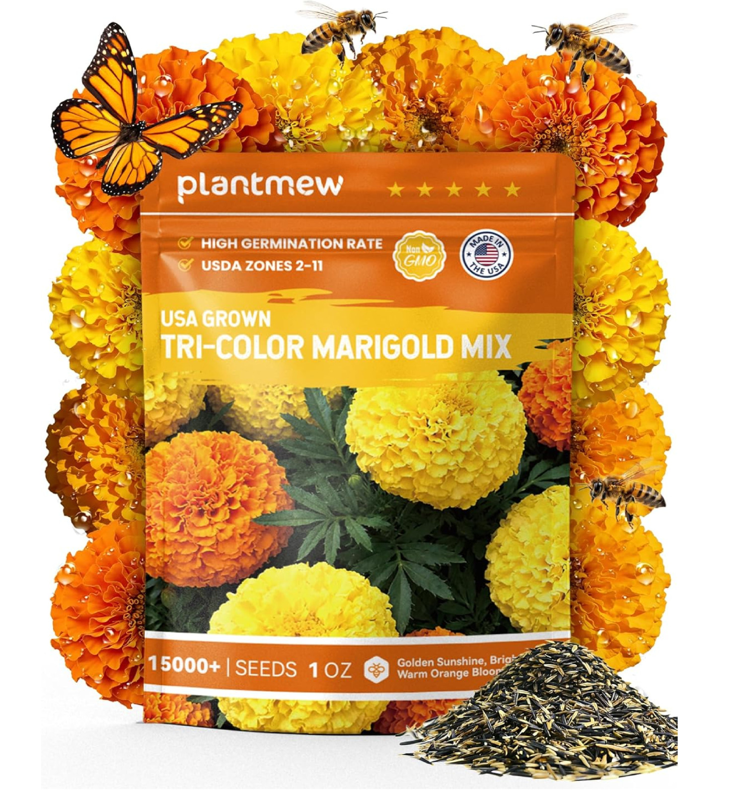 Tri-Color Marigold Seeds for Planting | 15,000+ Heirloom French Marigold Flower