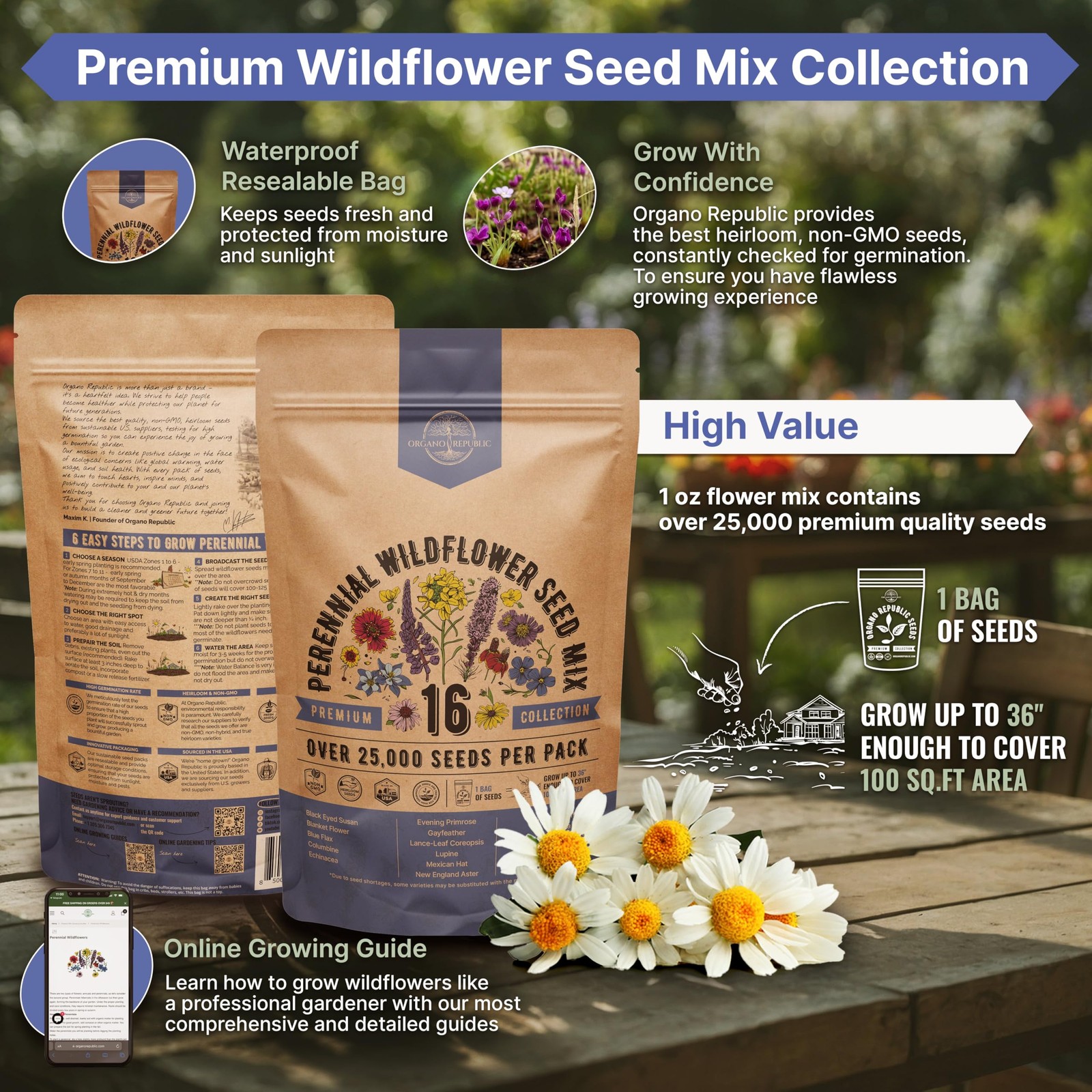 Organo Republic 16 Perennial Wildflower Seeds Mix for Indoor & Outdoors 25,000+